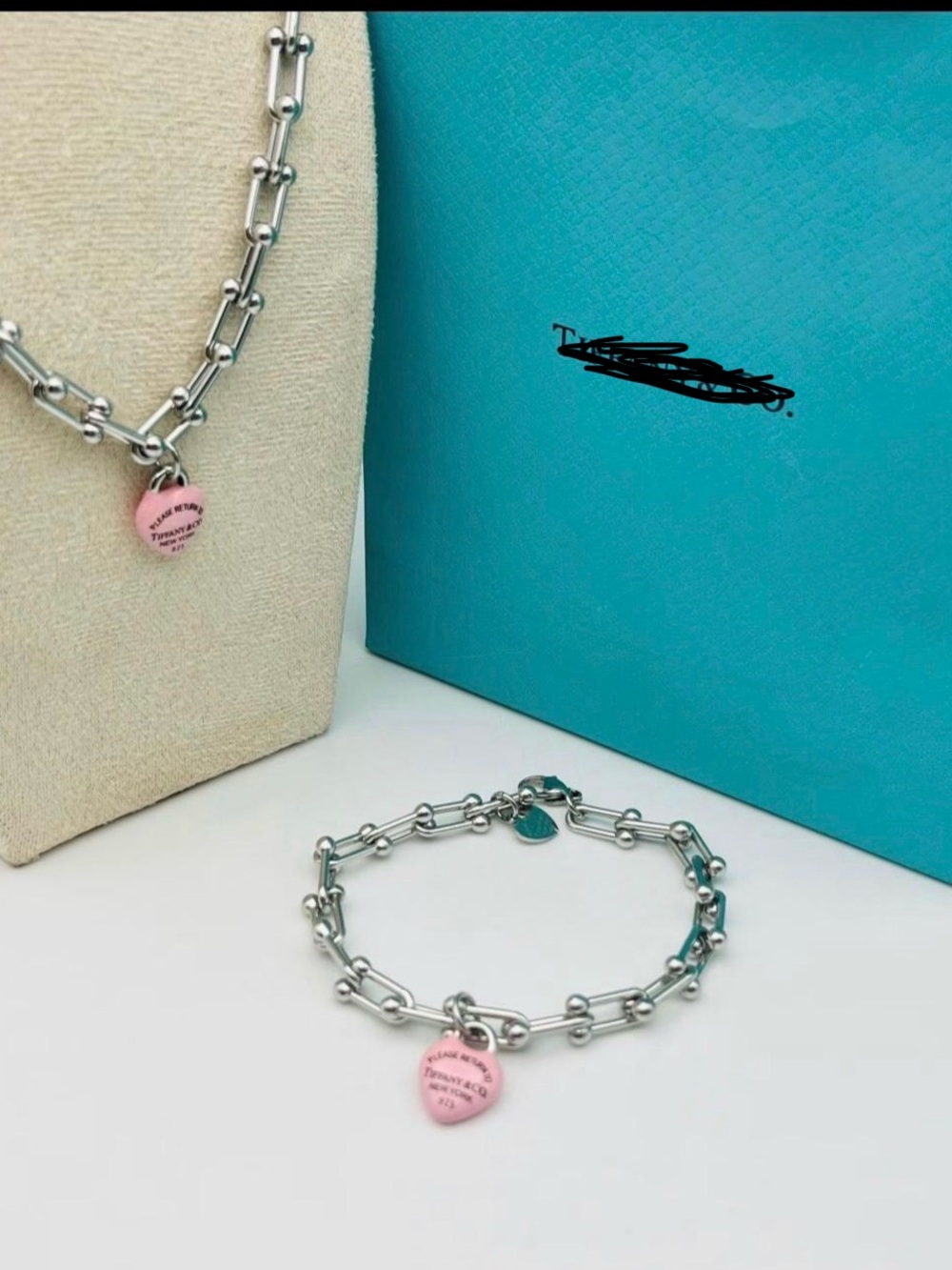 Stainless  Sterling Silver Chain Necklace and Bracelet with pink Heart Charms